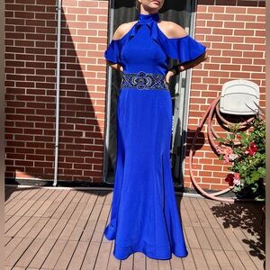 💙 MAC DUGGAL 49724 Sapphire Navy Blue Mermaid High Neck Embroider Gown Dress 8